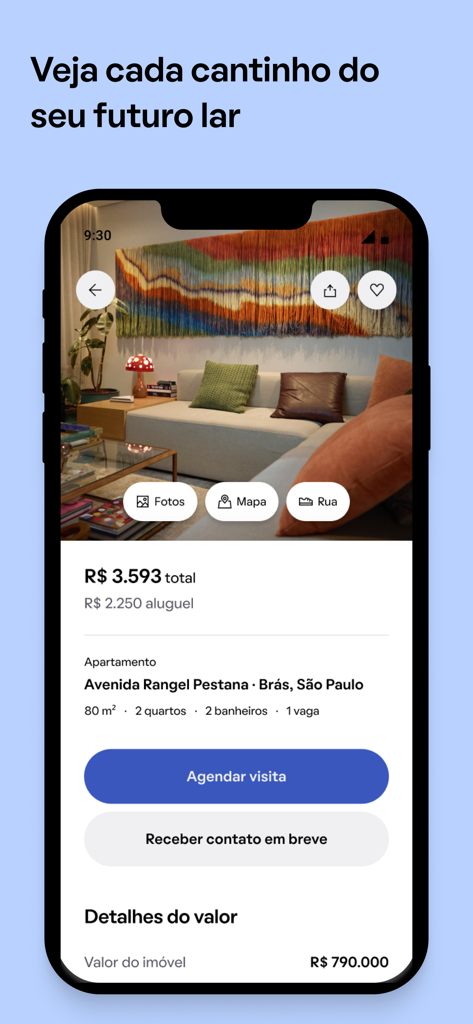 QuintoAndar: Aluguel e Compra - QuintoAndar app interface showing a detailed apartment listing with professional photos and scheduling options