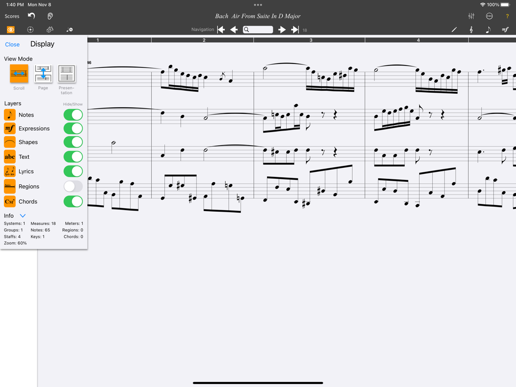 MusicJOT - MusicJOT-Oberfläche mit einer Partitur und dem Anzeige-Einstellungsmenü mit Ansichtsmodus- und Ebenenoptionen.
