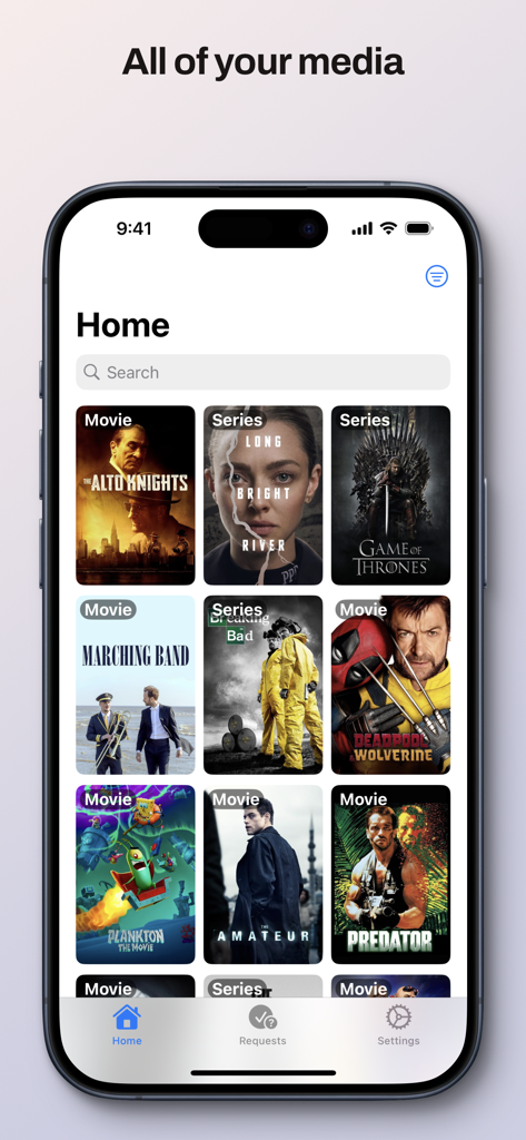 Ovue for Overseerr - Ovue for Overseerr app home screen displaying a grid of movies and TV series posters on an iPhone
