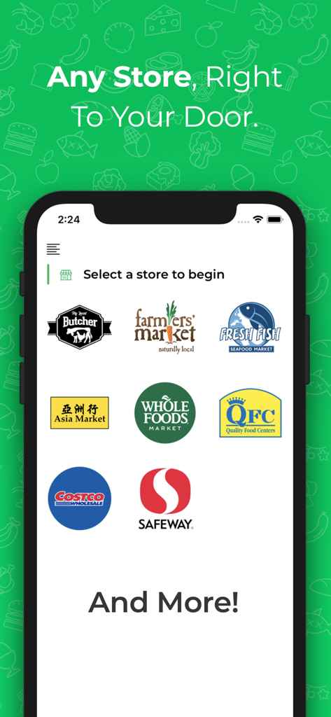 Dumpling Grocery - Screenshot of the Dumpling app showing a variety of local grocery store options including Whole Foods and Costco