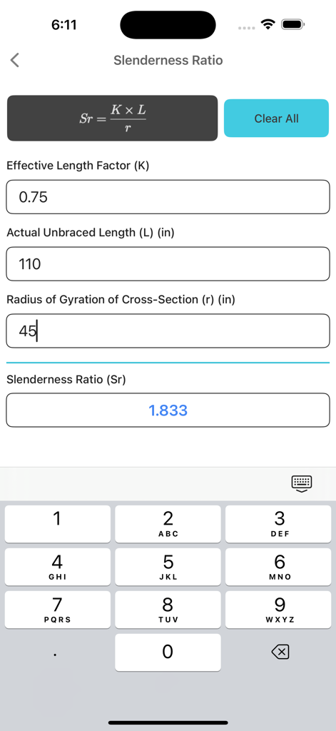Structural Engineering lite - Interface of the Structural Engineering lite app showing the slenderness ratio calculator with input fields and a numeric keyboard