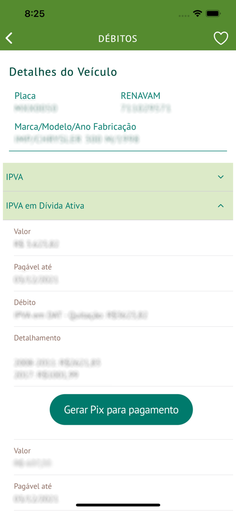 IPVA RS - Screen showing vehicle debt details and PIX payment button in the IPVA RS app
