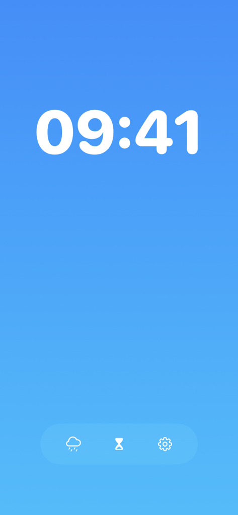 RainBytes: Offline Rain Sounds - Minimalist blue interface of RainBytes sleep aid app featuring a large digital clock and a bottom navigation menu with icons for rain sounds, timer, and settings