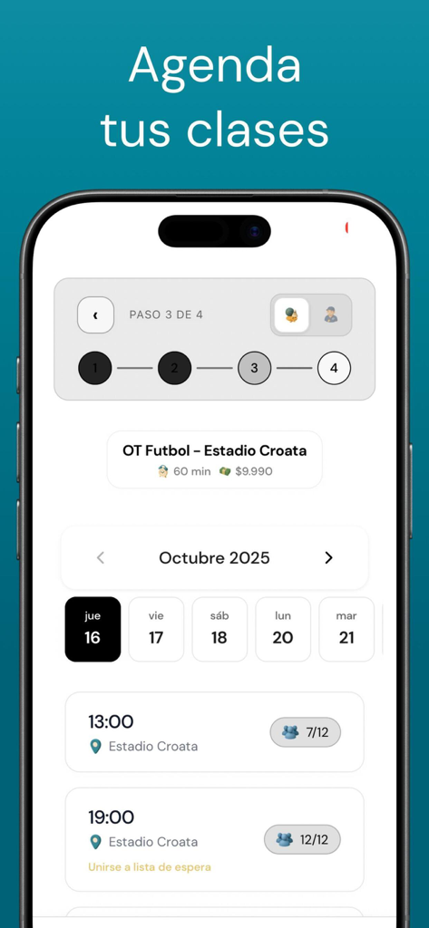 Vita IA - Interfaz móvil de la aplicación Vita IA para programar una clase de fútbol con selección de fecha y hora