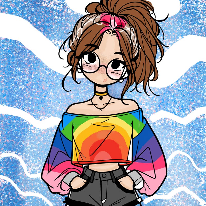 girl with a messy ponytail glasses a baggy crop top and jean shorts