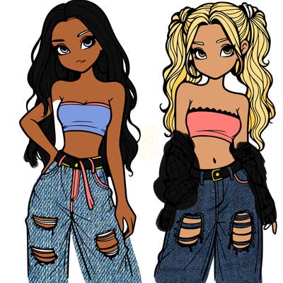 2 girls in crop tops and baggy jeans ripped