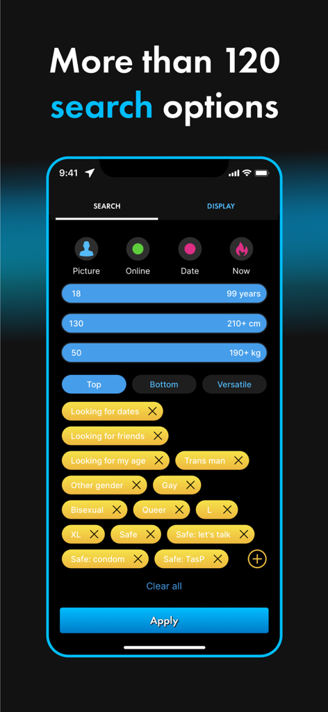 ROMEO app interface showing advanced search filters including age height and sexual preferences