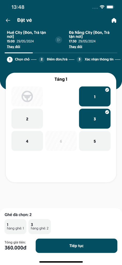 CARO LUXURY - Caro Luxury app seat selection screen for a limousine bus from Hue to Da Nang
