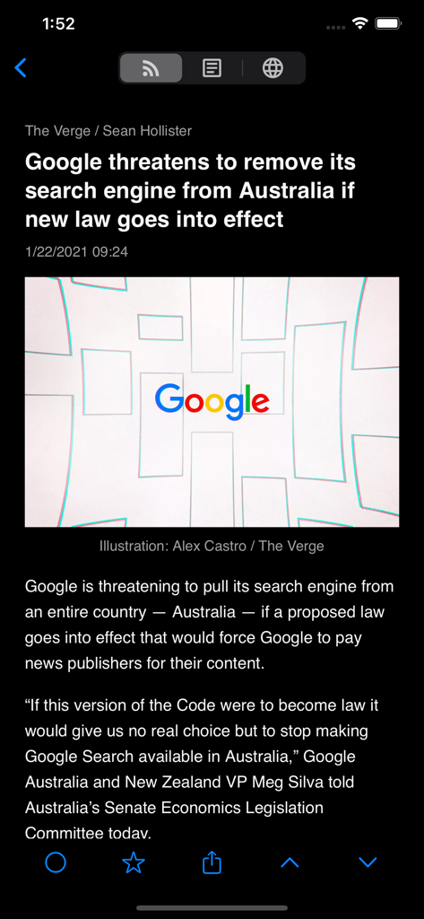 Fluent Reader Lite app article interface in dark mode