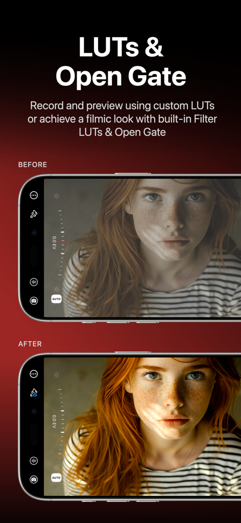 Mavis - Camera - Before and after comparison of filmic LUTs in the Mavis Camera app interface