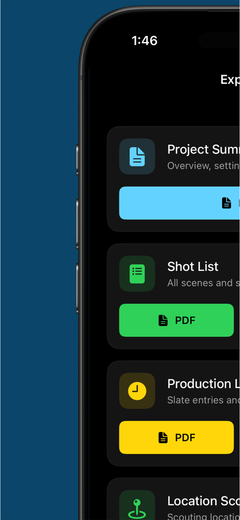 DOPro: Director’s Viewfinder - DOPro app interface displaying project summary shot list and production log with PDF export options