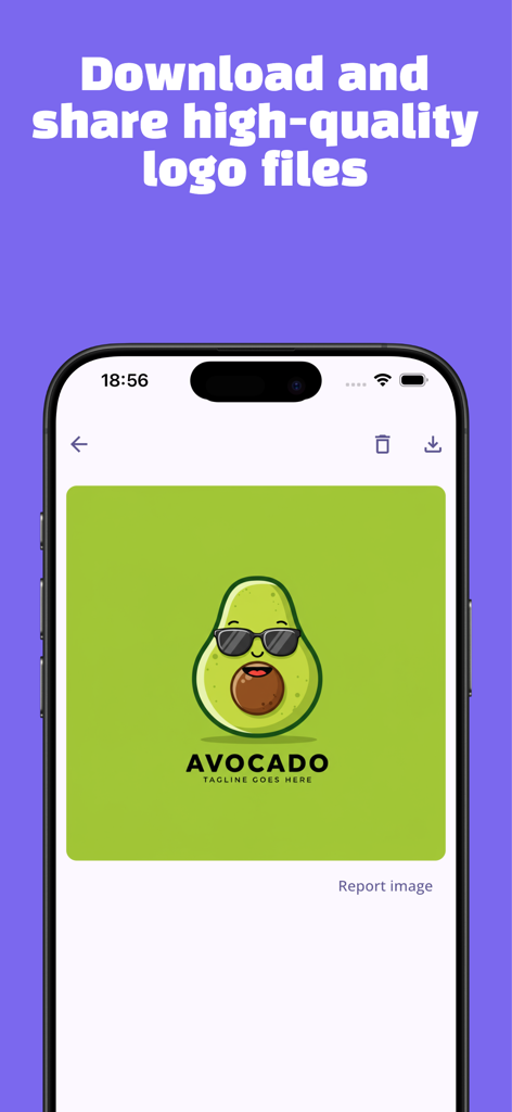 AI Logo Generator - Lōgō - ダウンロードして高品質ファイルを共有するオプションが表示された、完成した漫画のアボカドロゴを表示する携帯電話の画面。