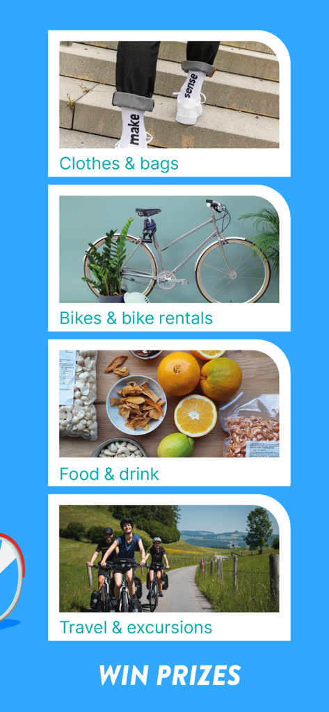 A menu screen in the bike to work app showing prize categories for clothes, bikes, food, and travel