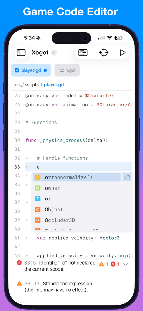 Xogot: Godot for iPad & iPhone - Xogot mobile code editor showing GDScript with autocompletion suggestions.