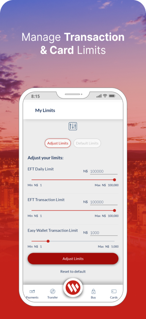 Bank Windhoek - Interface of the Bank Windhoek app showing options to adjust daily EFT and EasyWallet transaction limits with sliders.