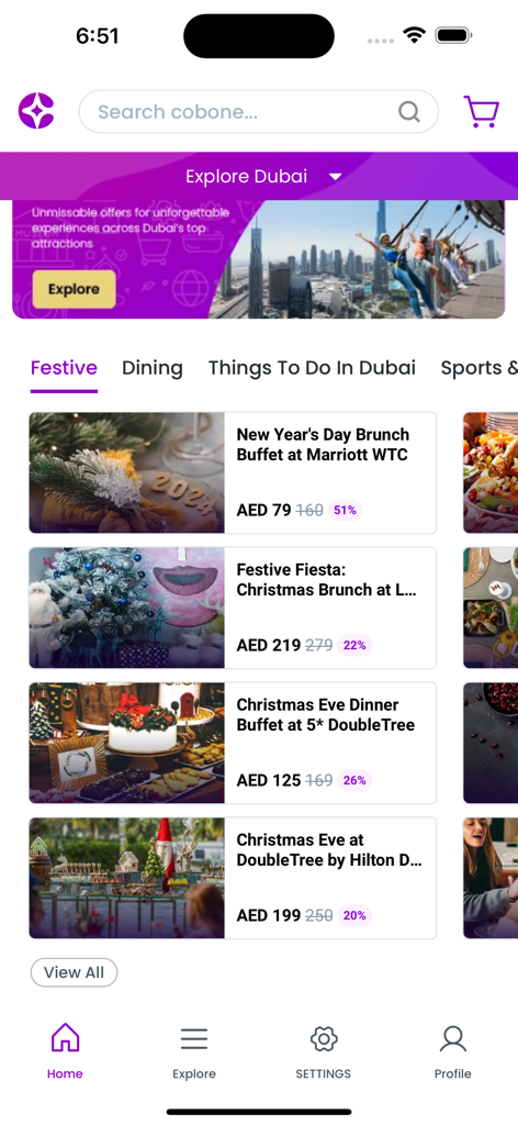 Cobone - Deals & Coupons - Cobone mobile app interface displaying festive brunch deals and coupons in Dubai.