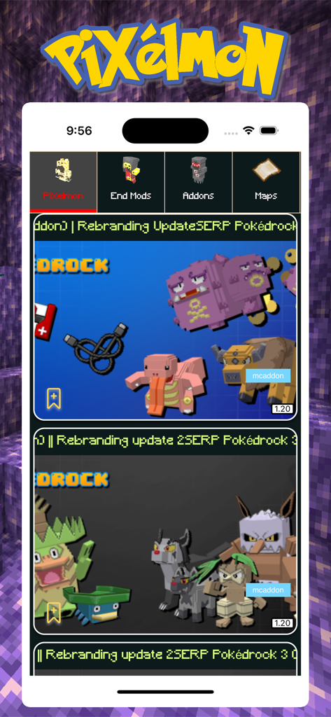 Pixelmon Addons - Minecraft PE - Mobile app interface for Pixelmon Addons showing various Pokemon themed mods for Minecraft PE