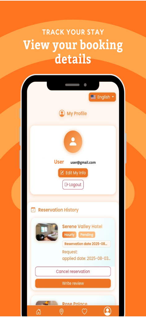 미얀마 호텔에 대한 사용자 프로필 및 예약 기록을 표시하는 Stay2Hotel 앱 화면