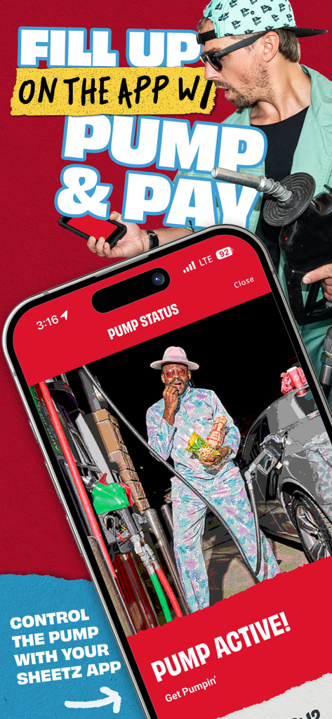 Promotion for Sheetz mobile app showing the Pump and Pay feature to control and pay for gas at the pump using a smartphone.