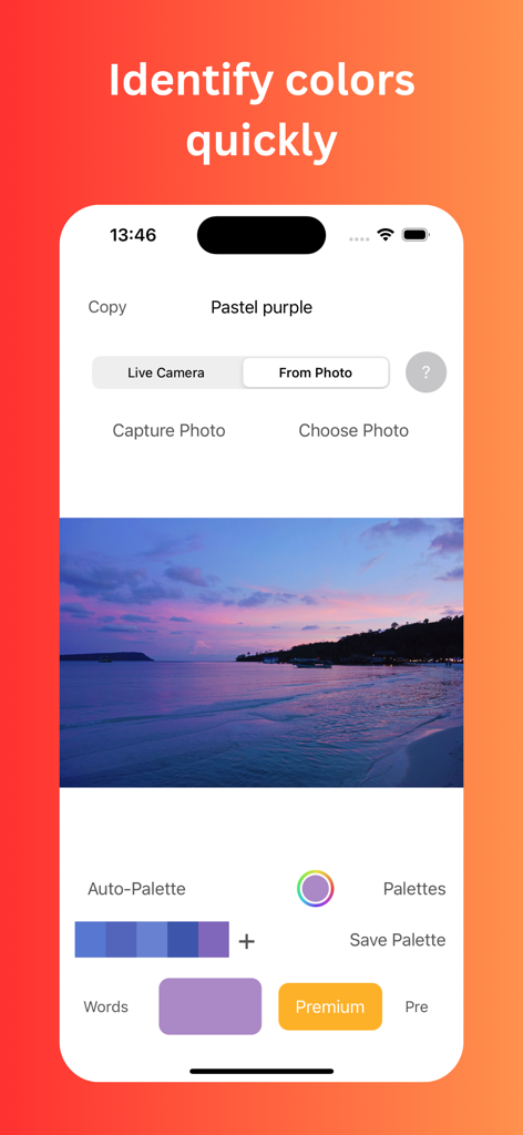 Color Identifier - Color Identifier 앱 인터페이스가 해변 일몰 사진에서 파스텔 보라색과 팔레트를 추출하는 모습.