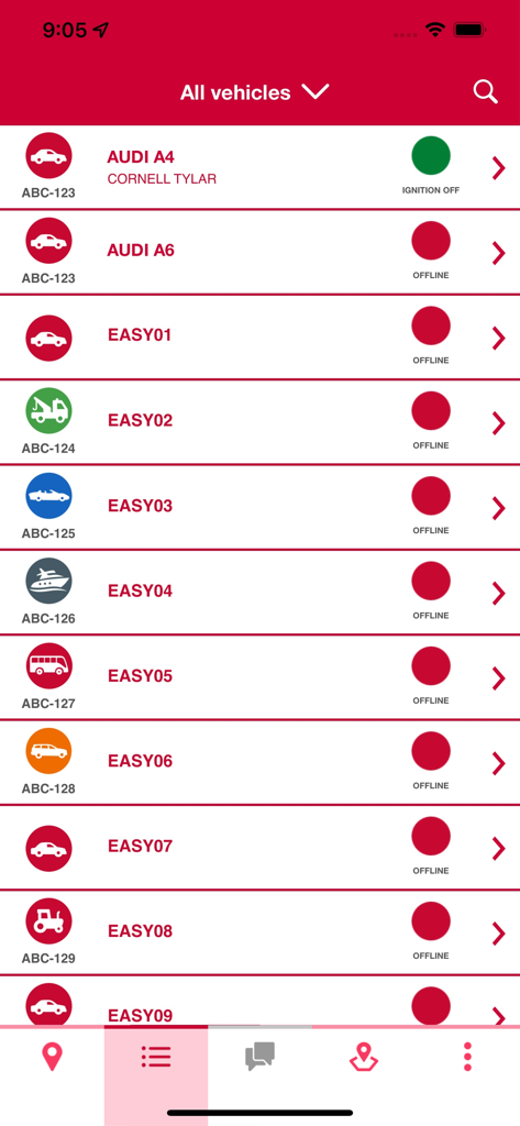 easyTRACK - Screenshot of the easyTRACK app showing a list of various fleet vehicles with status indicators like ignition off and offline.
