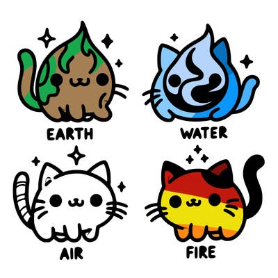 4 cats that represent the different elements, earth, water, air, and fire