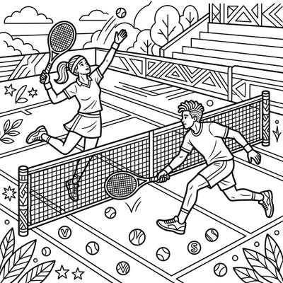 Get ready to color an exhilarating tennis match with players showcasing their skills right at the net. This dynamic scene perfectly captures the speed and precision of the game, inviting you to add your vibrant flair.