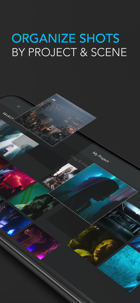 Interfaccia mobile dell'app Cadrage che mostra una galleria di inquadrature cinematografiche organizzate per progetto e scena