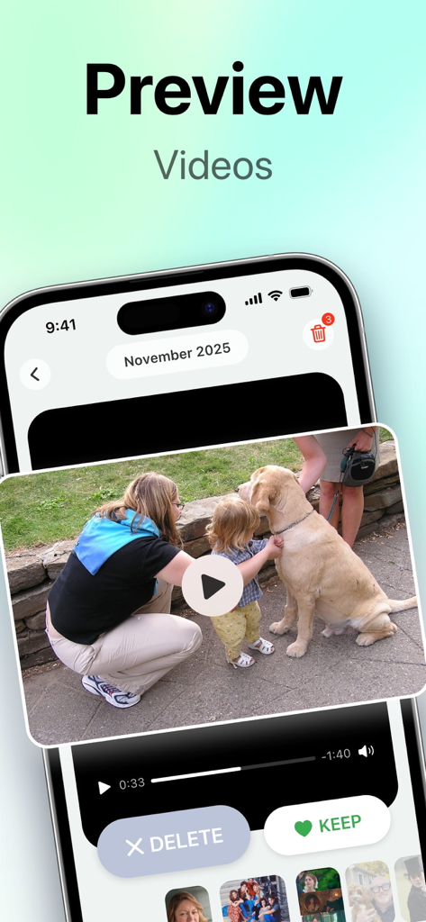 SwipeClean: Storage Cleanup - SwipeClean-App-Video-Vorschau-Bildschirm mit Schaltflächen zum Löschen und Beibehalten