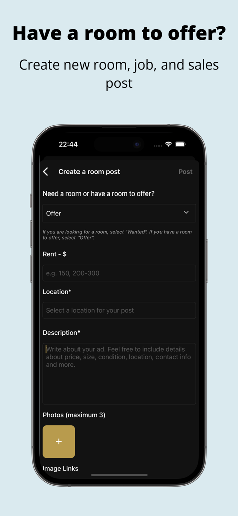Kaam Kotha - Oberfläche der Kaam Kotha App zum Erstellen einer Wohnungsanzeige.