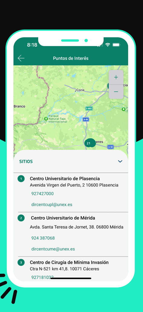 UEx app screen showing a map and list of university campus locations including centers in Plasencia and Merida