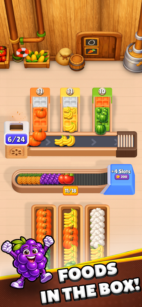 Farm Loop: Harvest Puzzle - Farm Loop Harvest Puzzleのゲームプレイ画面。コンベアベルト上の果物と漫画のブドウのキャラクターが表示されています。