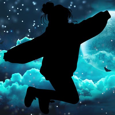 realistic girl jumping with a bun and oversized sweatshirt