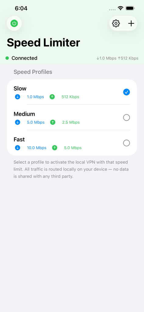 Internet Speed Limiter - Interface of the Internet Speed Limiter app showing selectable speed profiles for network throttling