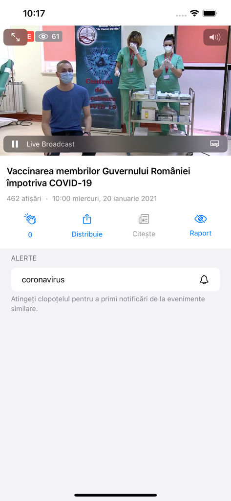 Privesc.Eu - A live broadcast of a medical event in Romania displayed on the Privesc.Eu news app.