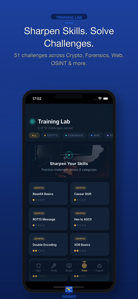 Winner CTF - Interfaz del laboratorio de entrenamiento de Winner CTF con desafíos de criptografía y forenses