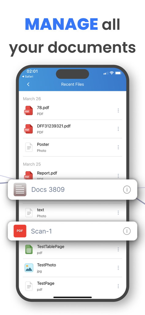 Tap & Print: Smart Air Printer - iPhone screen displaying the recent files list in the Tap and Print app with the headline Manage all your documents