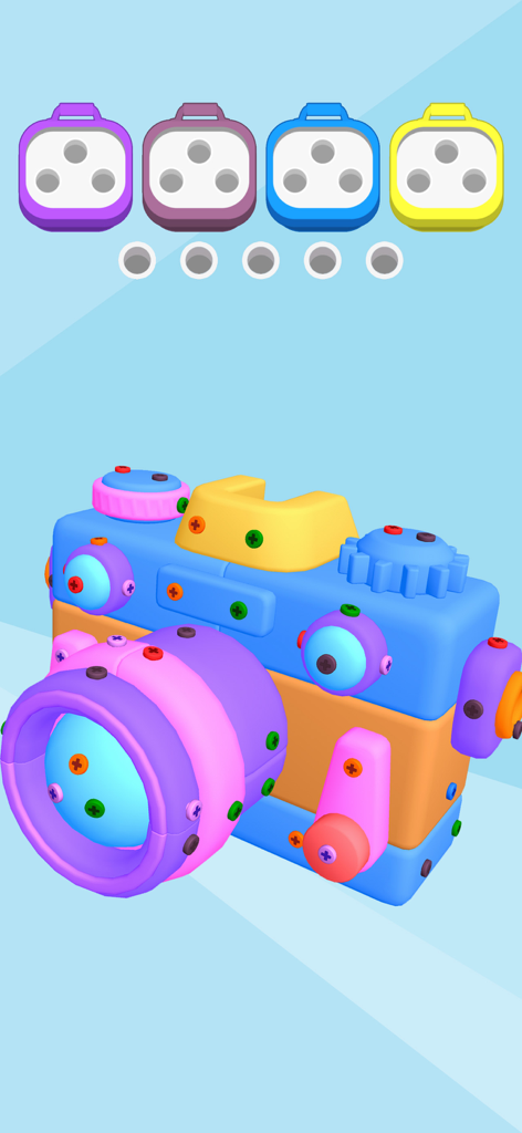 Gameplay screenshot of Screw Sort Jam featuring a colorful 3D camera puzzle with colored screws
