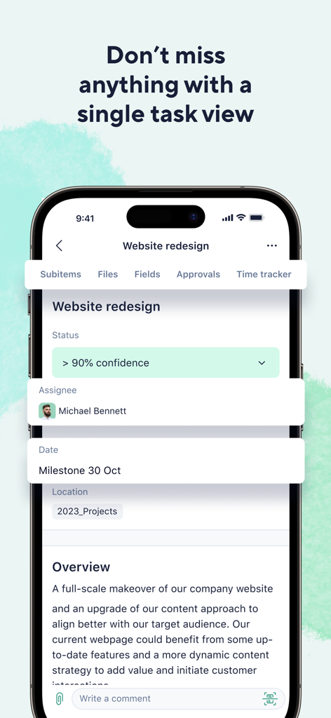 Wrikeモバイルアプリのタスクビュー。ウェブサイト再設計プロジェクトの詳細とステータスを表示しています。