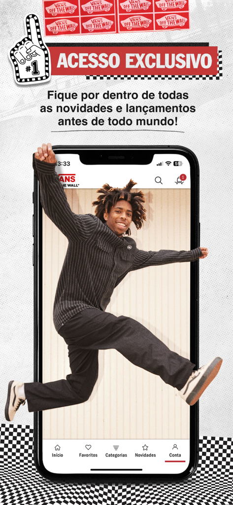 Vans - Schermata dell'app mobile Vans che mostra il messaggio di accesso esclusivo e un giovane che salta