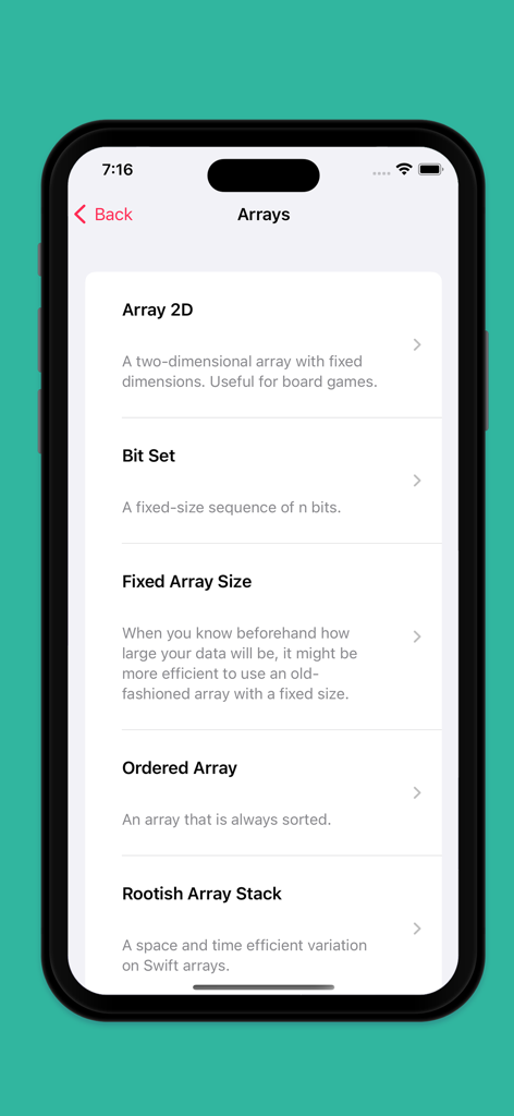 Leaflet for Swift&Algorithm - Leaflet-App-Bildschirm mit einer Liste von Array-Datenstrukturen wie Array 2D Bit Set und Ordered Array