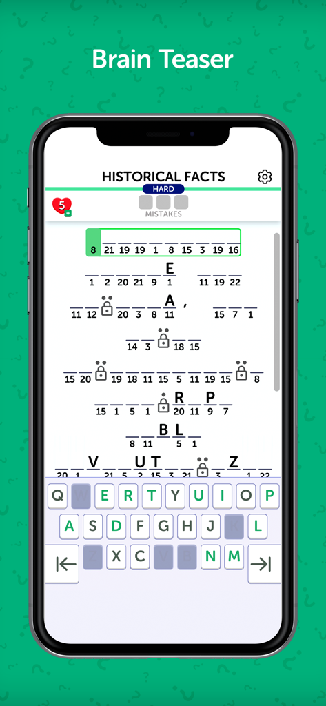 Cryptowords mobile app interface showing a historical facts cryptogram puzzle level