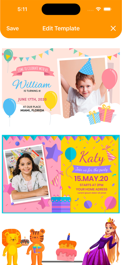 Birthday Invitations Maker - Mobile app screen showing customizable birthday invitation templates with photos and festive graphics