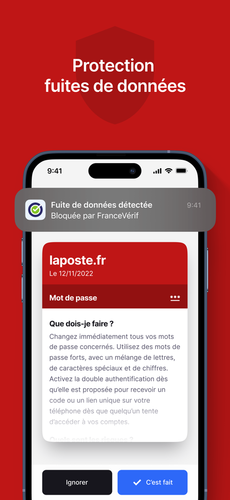 FranceVerif - FranceVerif mobile app showing a data leak notification and security advice for a French account on an iPhone
