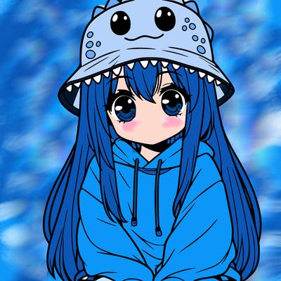 girl with anime shaped eyes with a dinosaur bucket hat oversized sweatshirt long straight hair