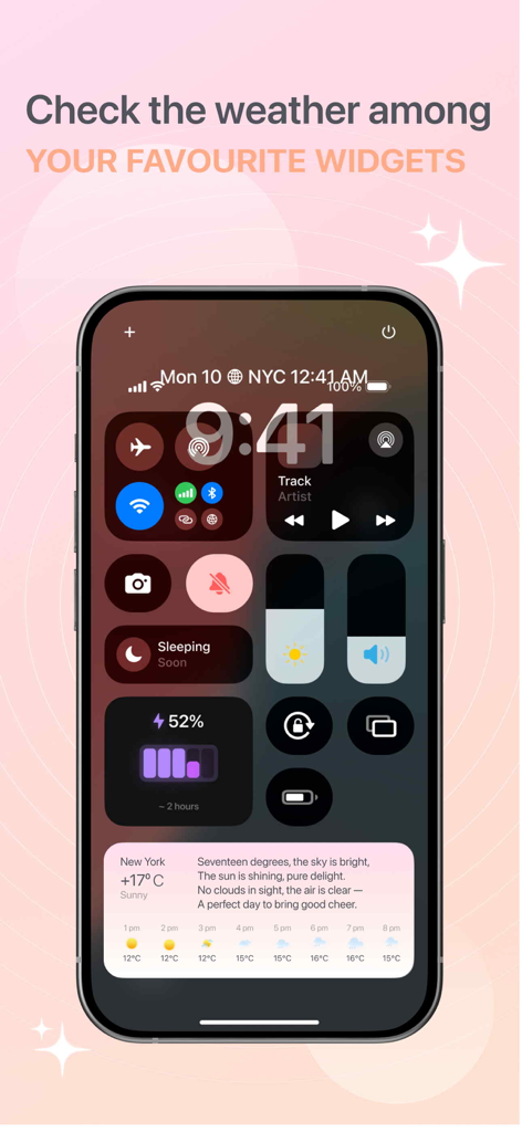 Weather & Poetry Widget - Una pantalla de smartphone mostrando el widget Weather and Poetry con una actualización del clima soleado y un poema rimado.