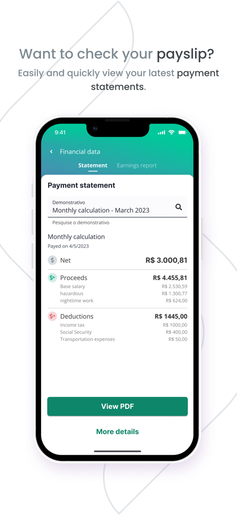 Waapi - Waapi mobile app screen showing a monthly employee payment statement with net salary and deductions details