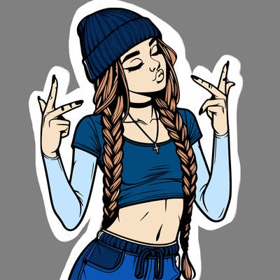 realistic teenage girl with braids and a beanie and crop top doing 🫶🏼