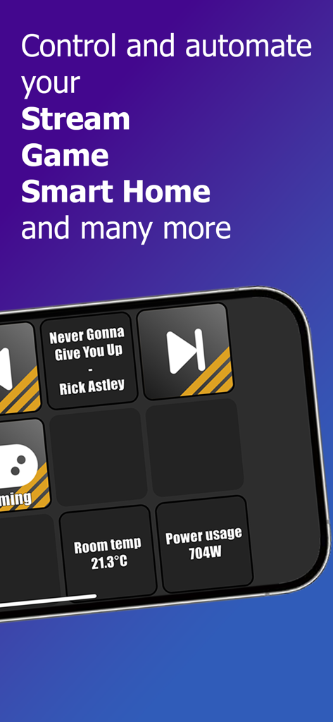 Macro Deck Client - Macro Deck Client app interface on a smartphone showing custom macro buttons for music playback and smart home monitoring
