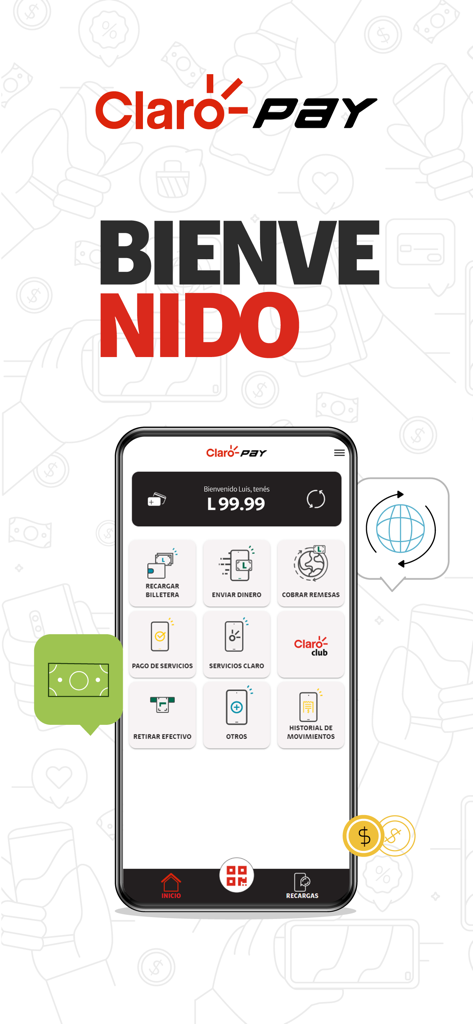 Claro Pay Honduras - Claro Payホンジュラスモバイルアプリのウェルカム画面。金融サービスオプションが表示されたメインダッシュボードを示しています。